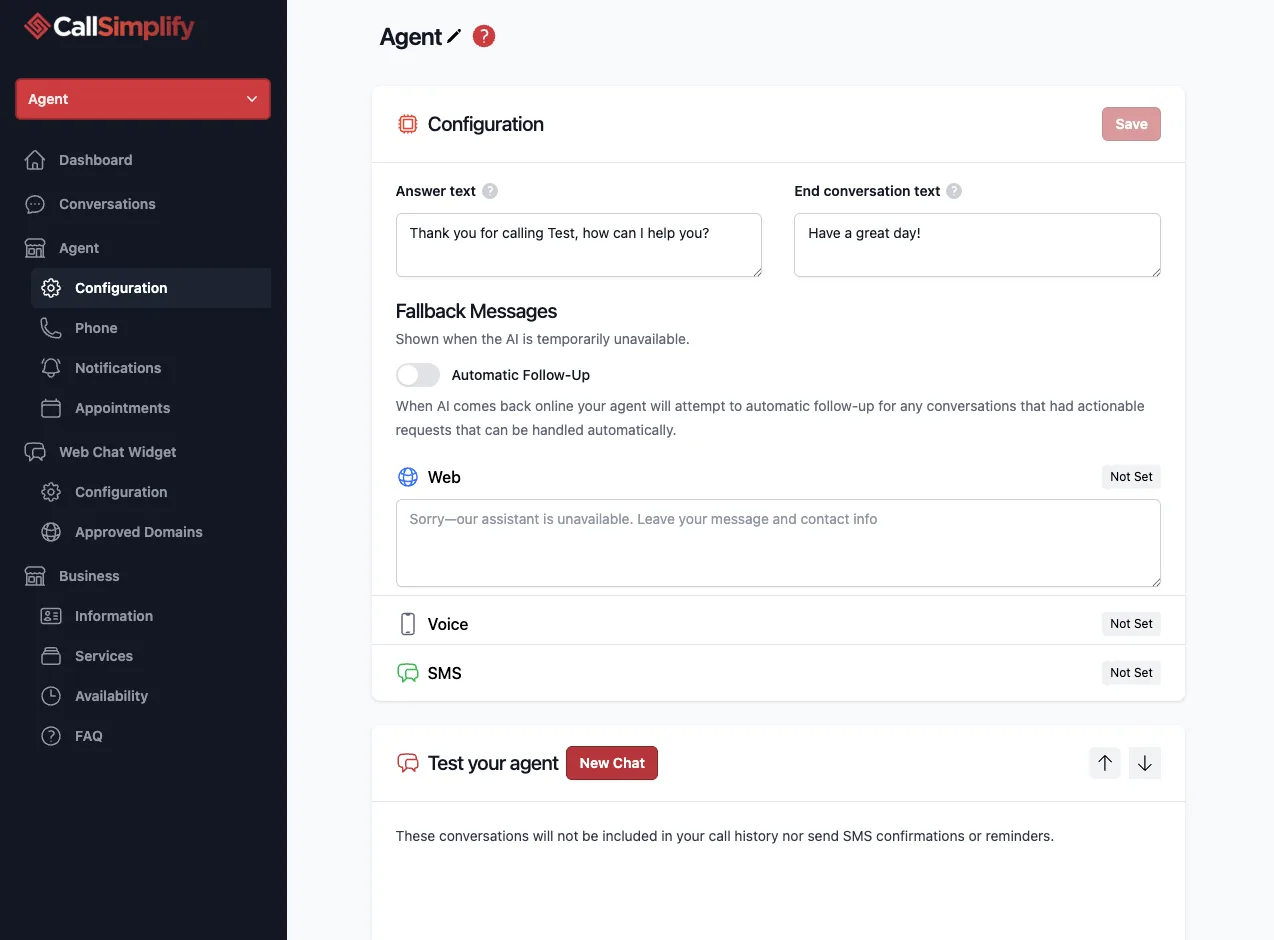 CallSimplify agent configuration screen with greeting text, end-conversation text, fallback messages, and test chat controls.