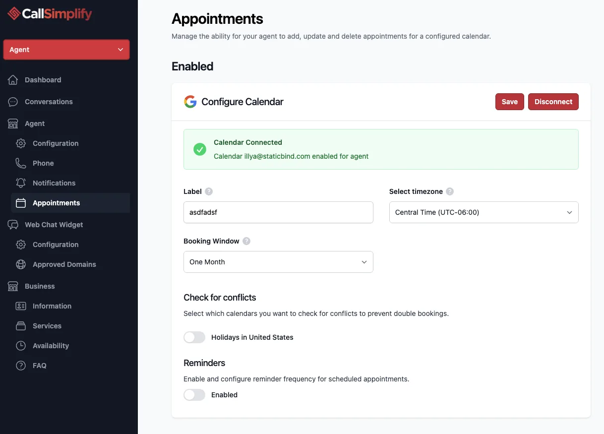 CallSimplify appointments configuration screen with Google Calendar connected, timezone, booking window, conflict checks, and reminders.