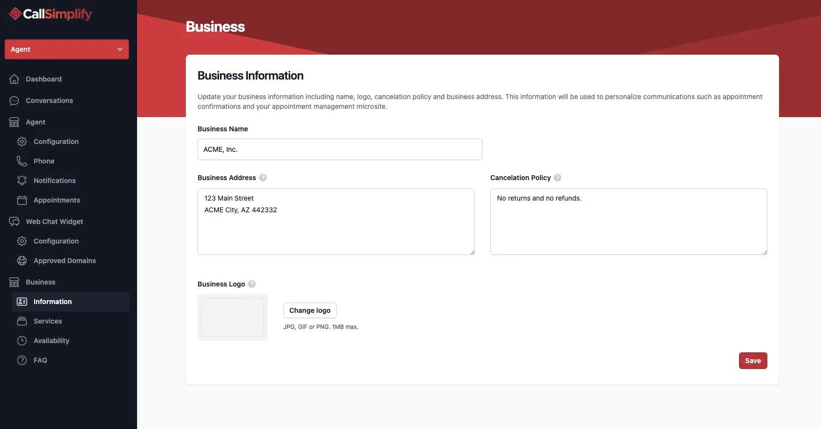 CallSimplify business information screen with business name, address, cancellation policy, logo upload, and save button.