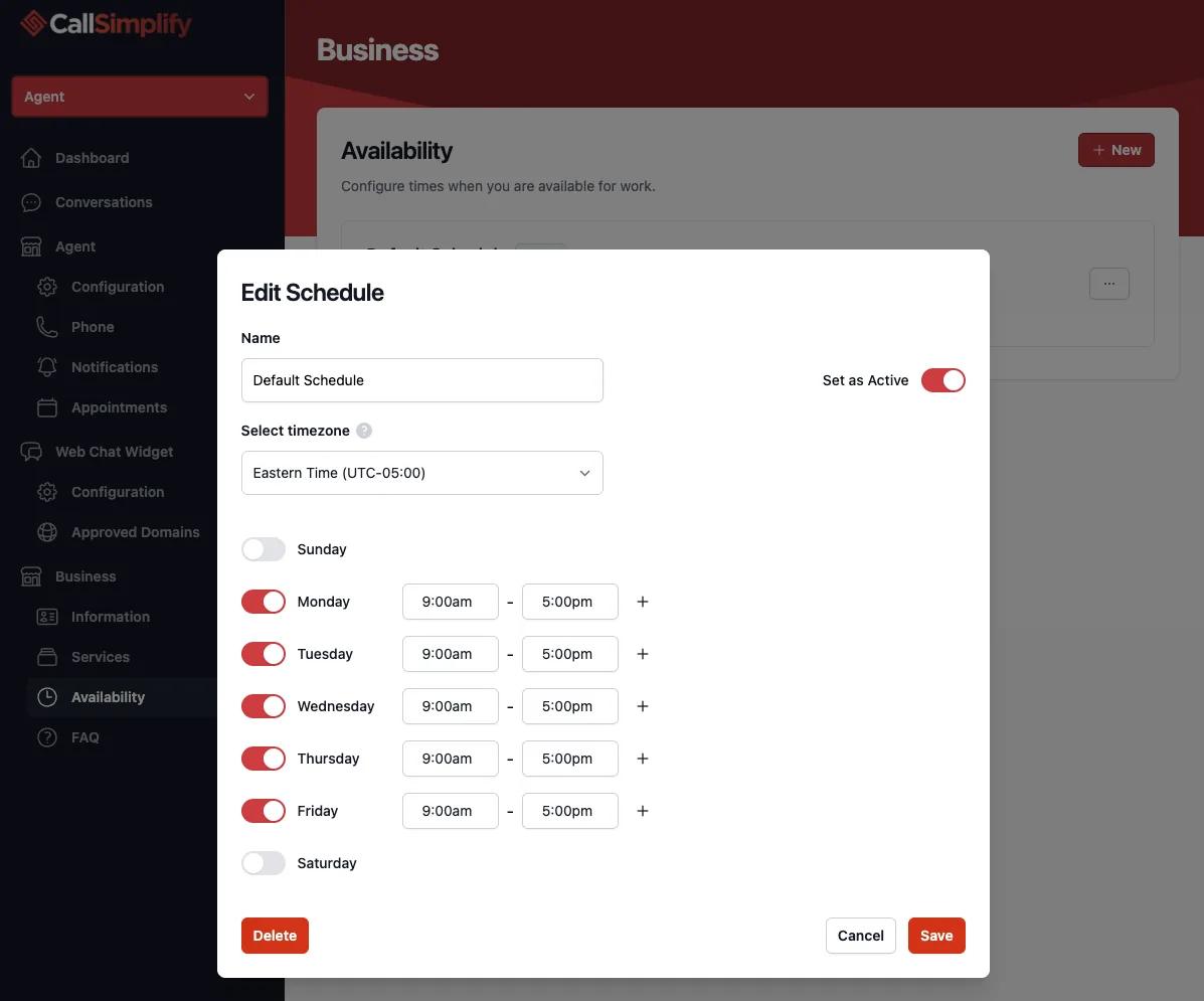 CallSimplify availability modal showing timezone, active schedule toggle, weekday hours, and save controls.