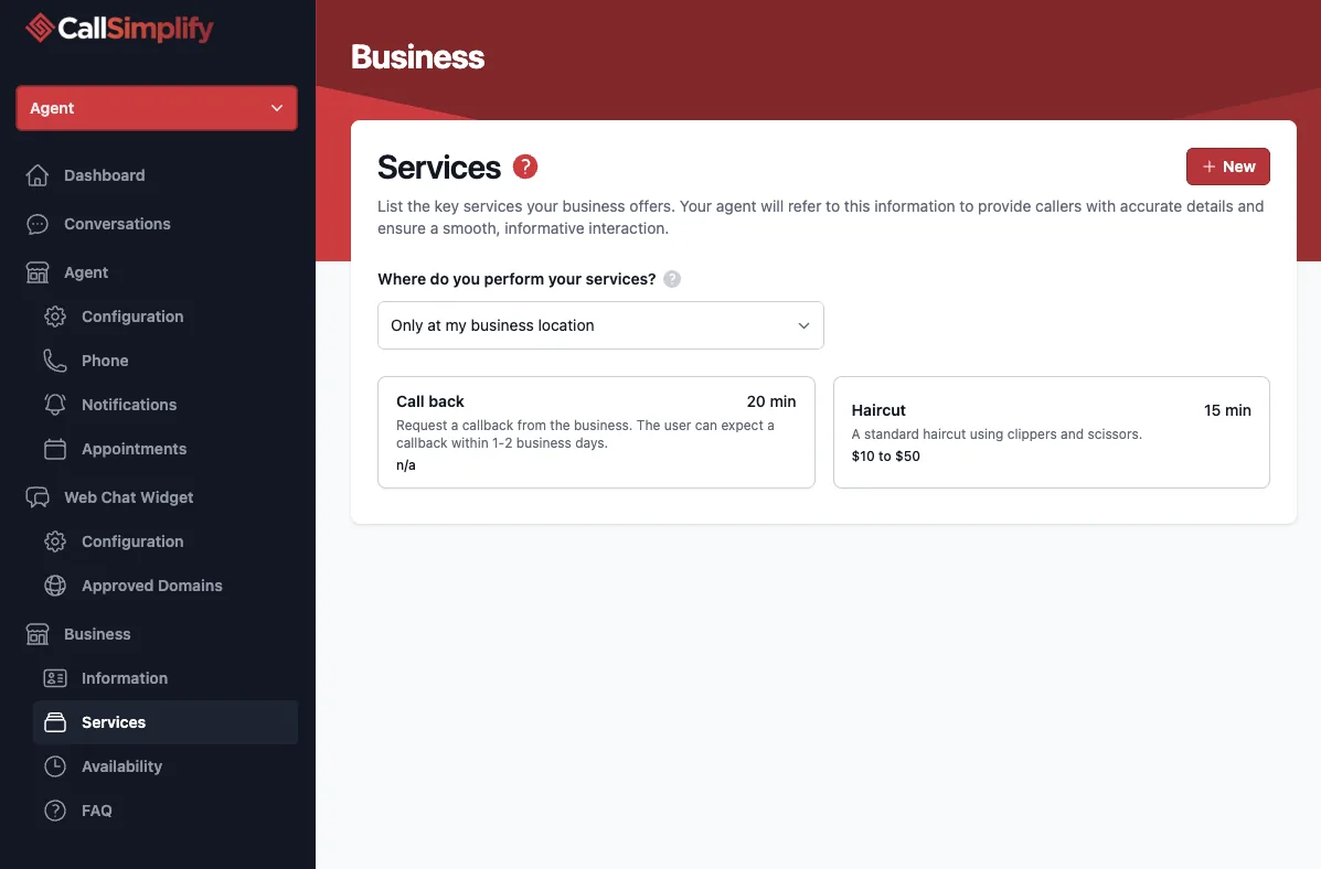 CallSimplify services screen showing service location scope, callback and haircut services, durations, and pricing.