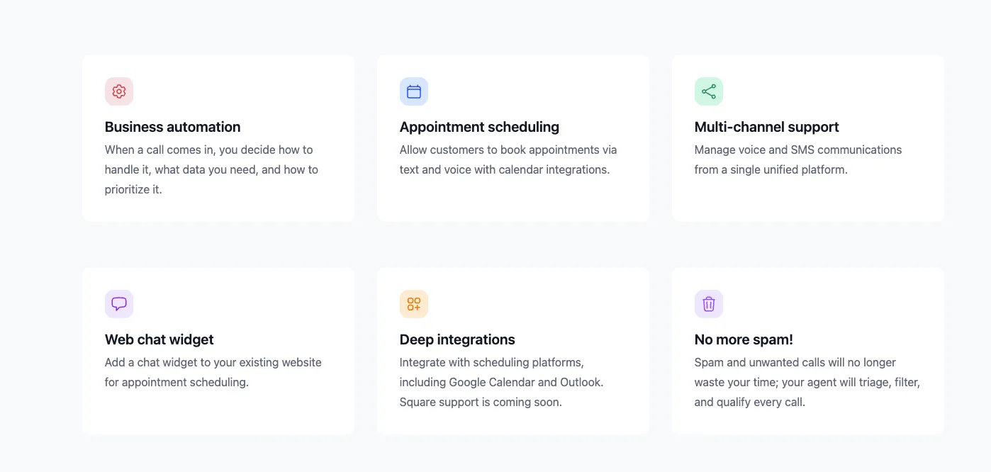 CallSimplify feature section artwork for business automation, appointment scheduling, multi-channel support, web chat widget, deep integrations, and spam filtering.