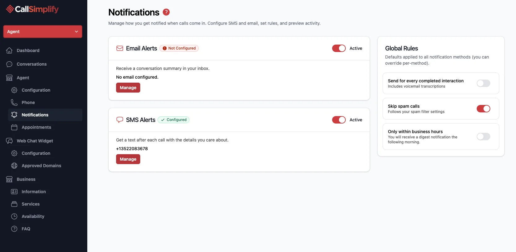 CallSimplify notification configuration screen for call summary, appointment booking, and spam detection alert delivery.