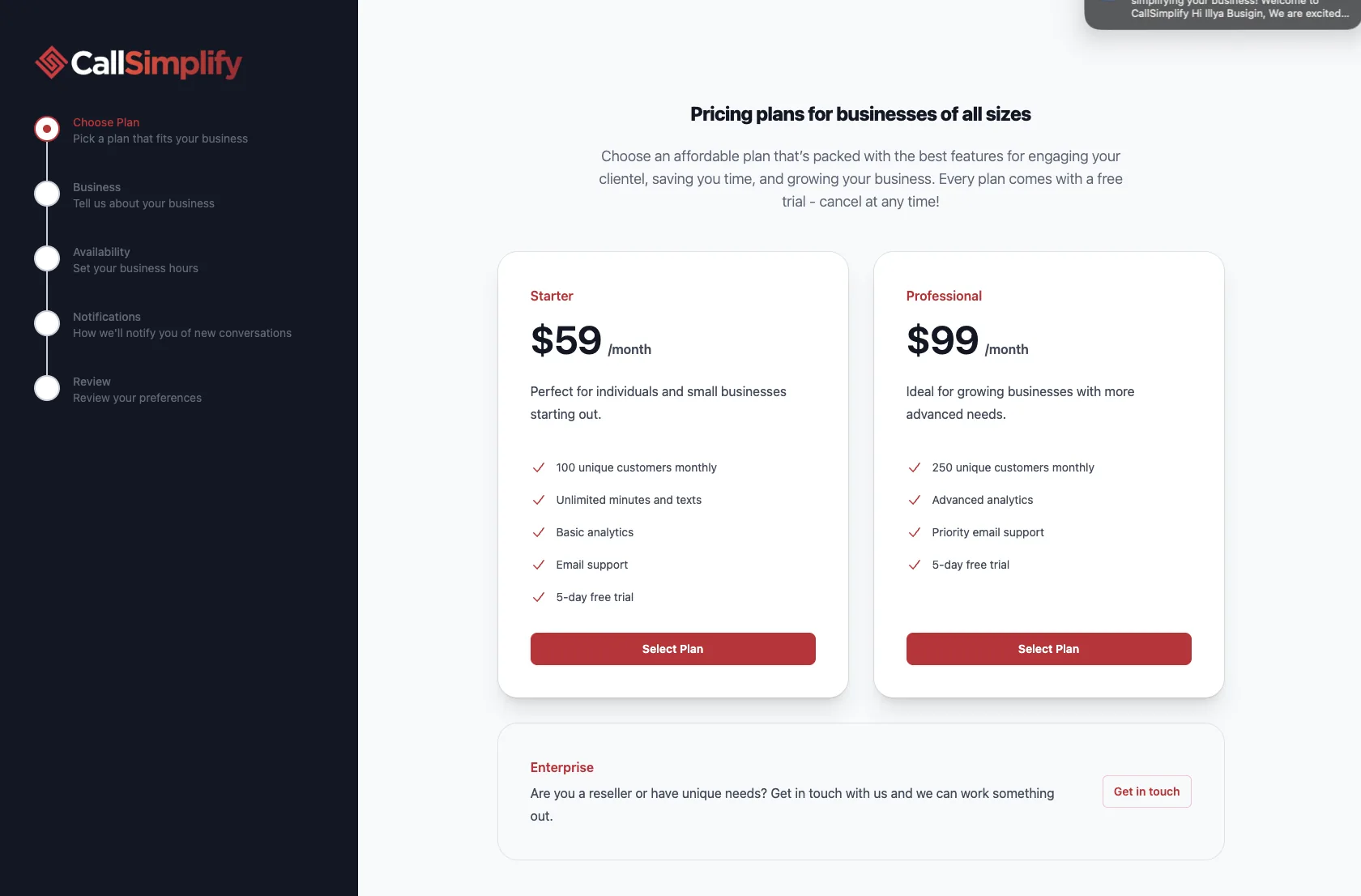 CallSimplify pricing screen showing Starter and Professional plan cards.