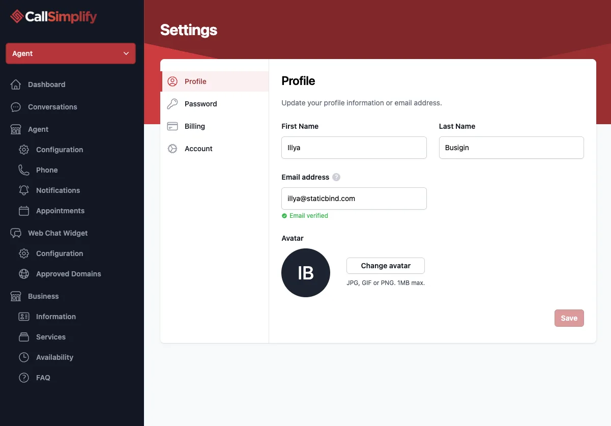 CallSimplify settings screen with account and product settings controls.