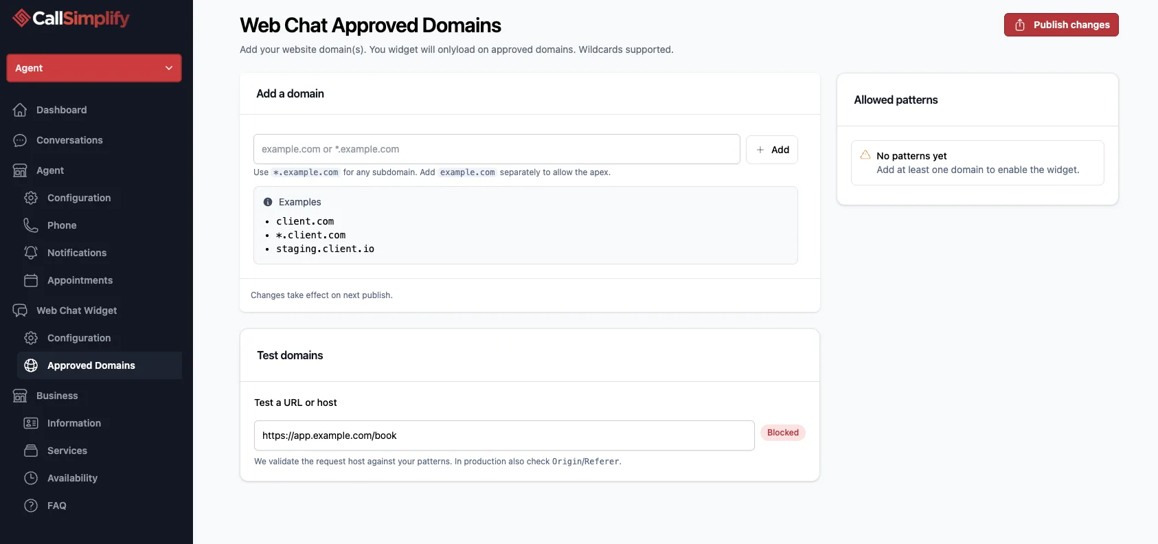 CallSimplify web chat widget configuration screen with domain approval and installation controls.