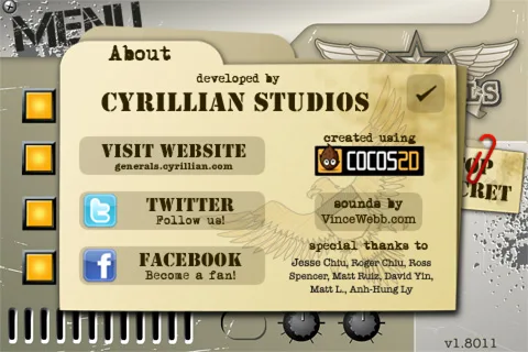 Generals about screen showing Cyrillian Studios, social links, Cocos2D, and credits.