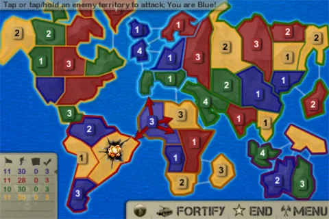 Generals attack screen showing an attack arrow and explosion between territories on the world map.