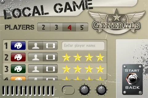 Generals local game setup screen with player count, colors, human or device player settings, star difficulty, start, and back controls.