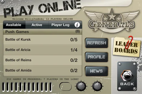 Generals online game browser showing available games, player counts, refresh, profile, news, leaderboard, and back controls.