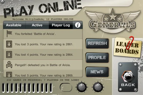 Generals player log showing forfeits, rating changes, wins and losses, and multiplayer messages.