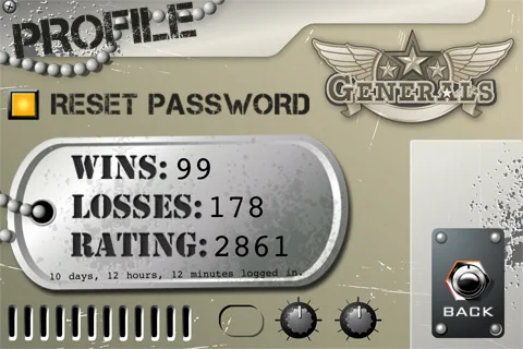 Generals online profile screen showing wins, losses, rating, reset password, and last login.