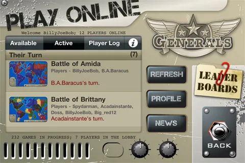 Generals active push games screen showing games where it is the player's turn and games where it is another player's turn.