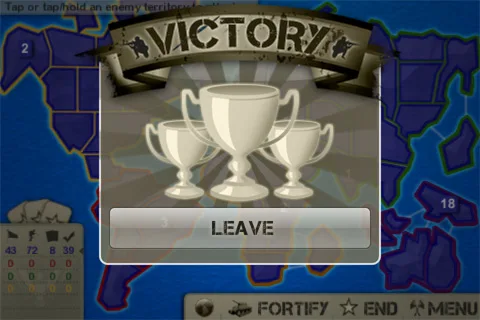 Generals victory screen showing a trophy overlay on the world map.
