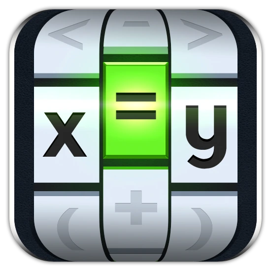 QED Solver app icon with x, equals, y, plus, minus, and comparison symbols on metallic calculator-style columns.