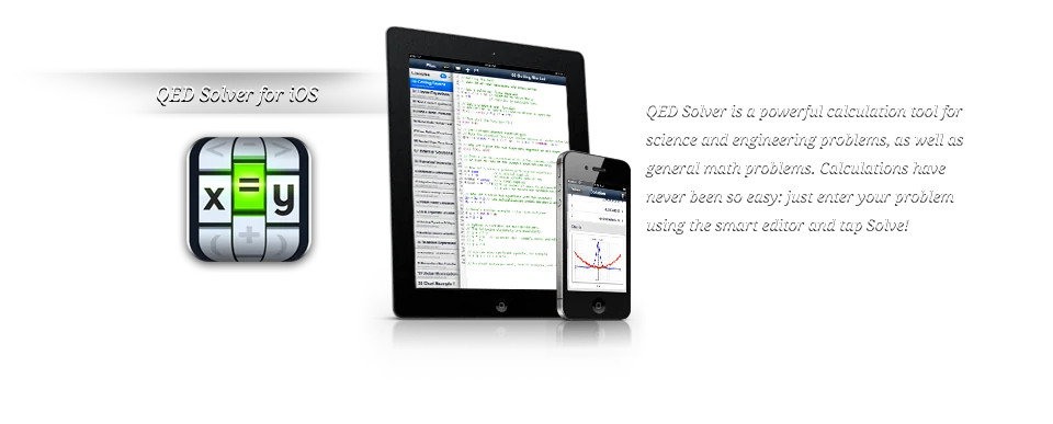 Archived QED Solver iOS homepage hero with the app icon, iPad and iPhone screenshots, and product copy.