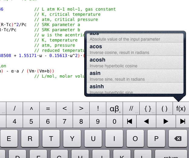 QED Solver iPad custom keyboard and built-in function picker for math input.
