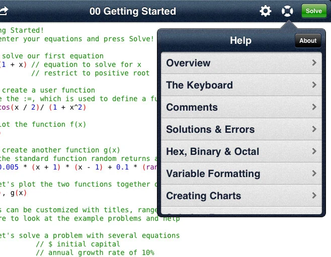 QED Solver iPad help screen listing constants, operators, and example resources.