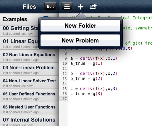 QED Solver iPad problem list organized with folders and saved examples.