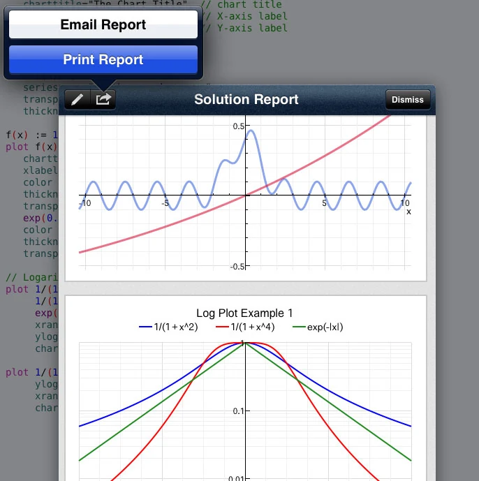 QED Solver iPad report screen with variables, statements, and a plotted chart.