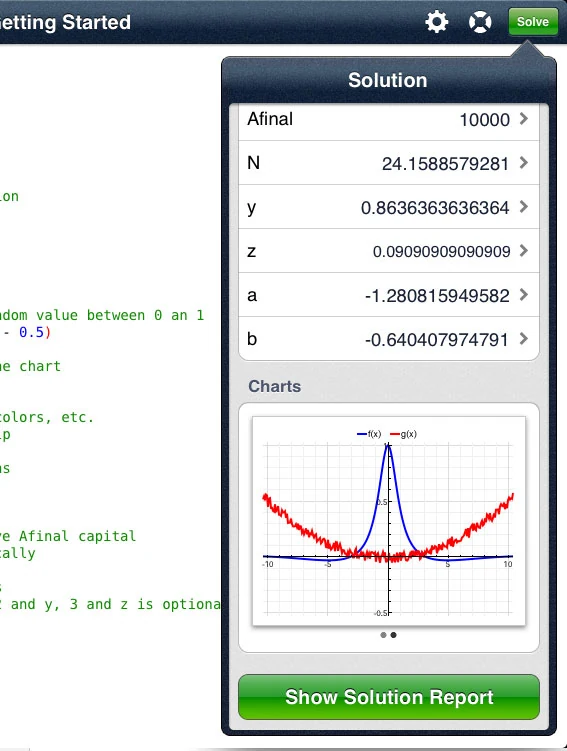 QED Solver iPad solution popover showing solved values and a chart with a Show Solution Report button.