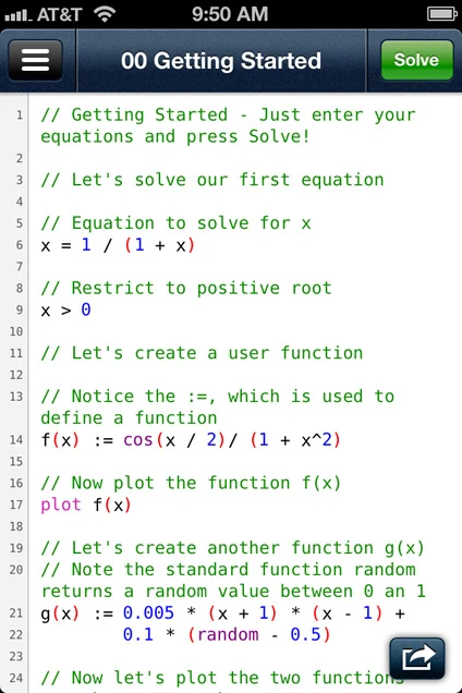 QED Solver iPhone getting started screen with syntax-highlighted equations and a Solve button.