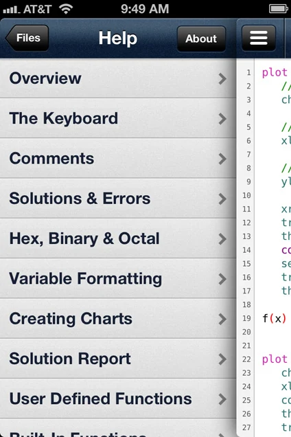QED Solver iPhone help topics screen listing constants, functions, examples, and operators.