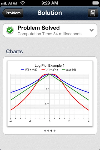 QED Solver iPhone solution screen with solved variables and chart previews.