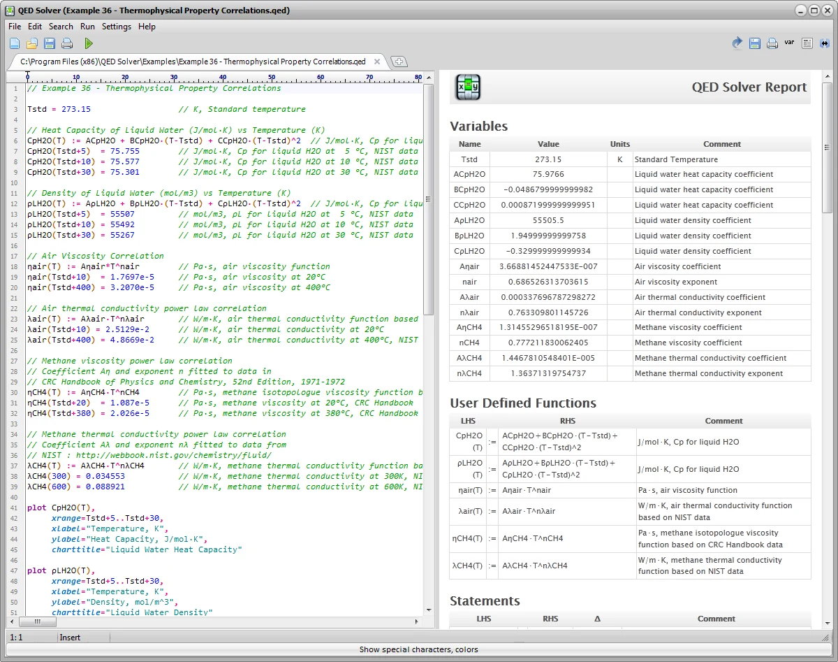 QED Solver for Windows thermophysical properties screen showing data, equations, and a fitted correlation report.