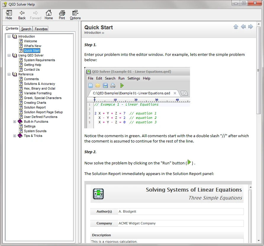 QED Solver Windows help screen with topics, operators, and function documentation.