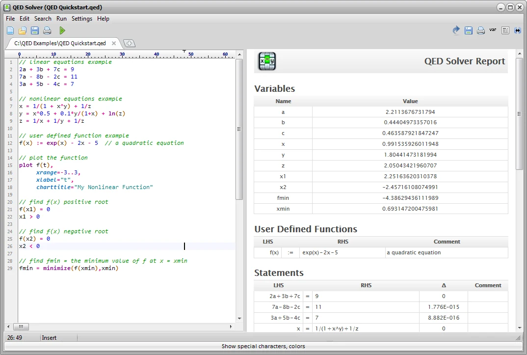 QED Solver for Windows quickstart screen with syntax-highlighted equations beside a generated solution report.