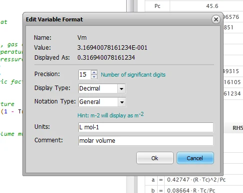 QED Solver variable formatting window with number format, units, and comment fields.