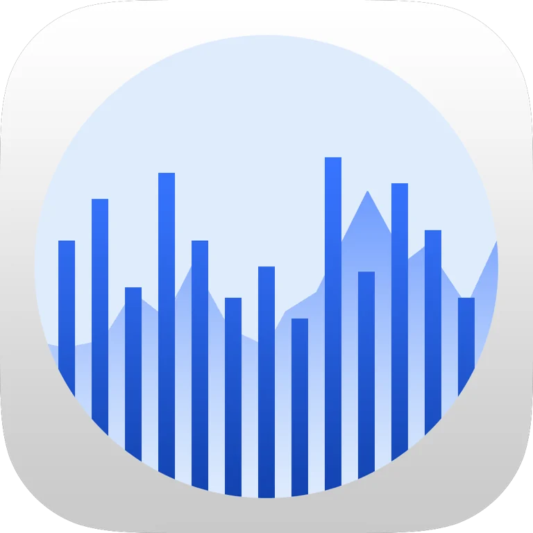 Seasonalysis app icon with blue bars, a pale circular chart field, and a rounded silver iOS icon frame.