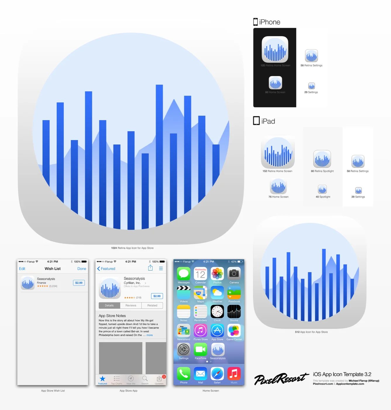 Seasonalysis iOS app icon production sheet showing Retina icon sizes, App Store screenshots, and home screen placement.