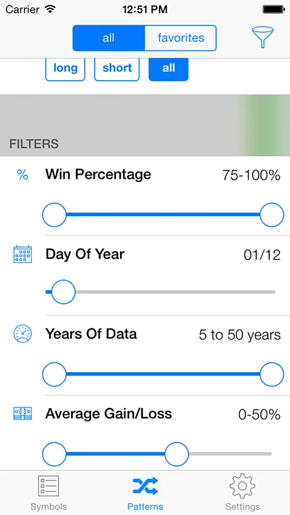 Seasonalysis iPhone screening and filtering screen with Apple patterns, win percentage, average gain/loss, and small red and green chart bars.