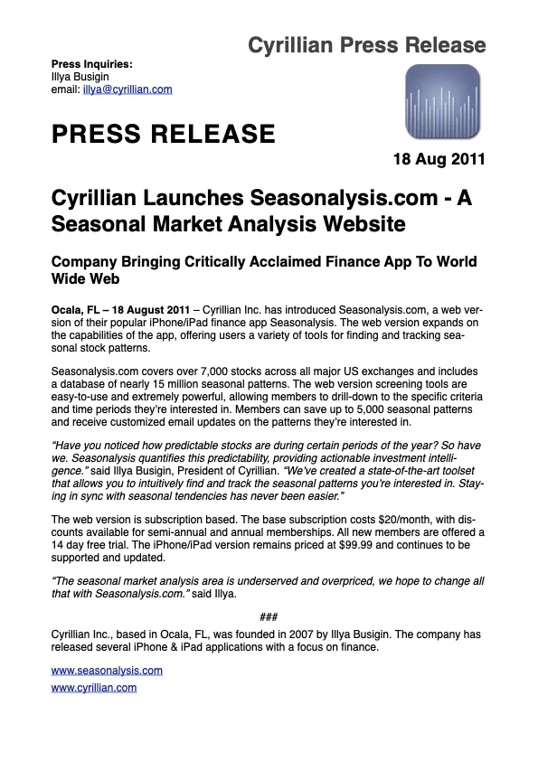 Cyrillian press release dated 18 August 2011 announcing Seasonalysis.com as a seasonal market analysis website.