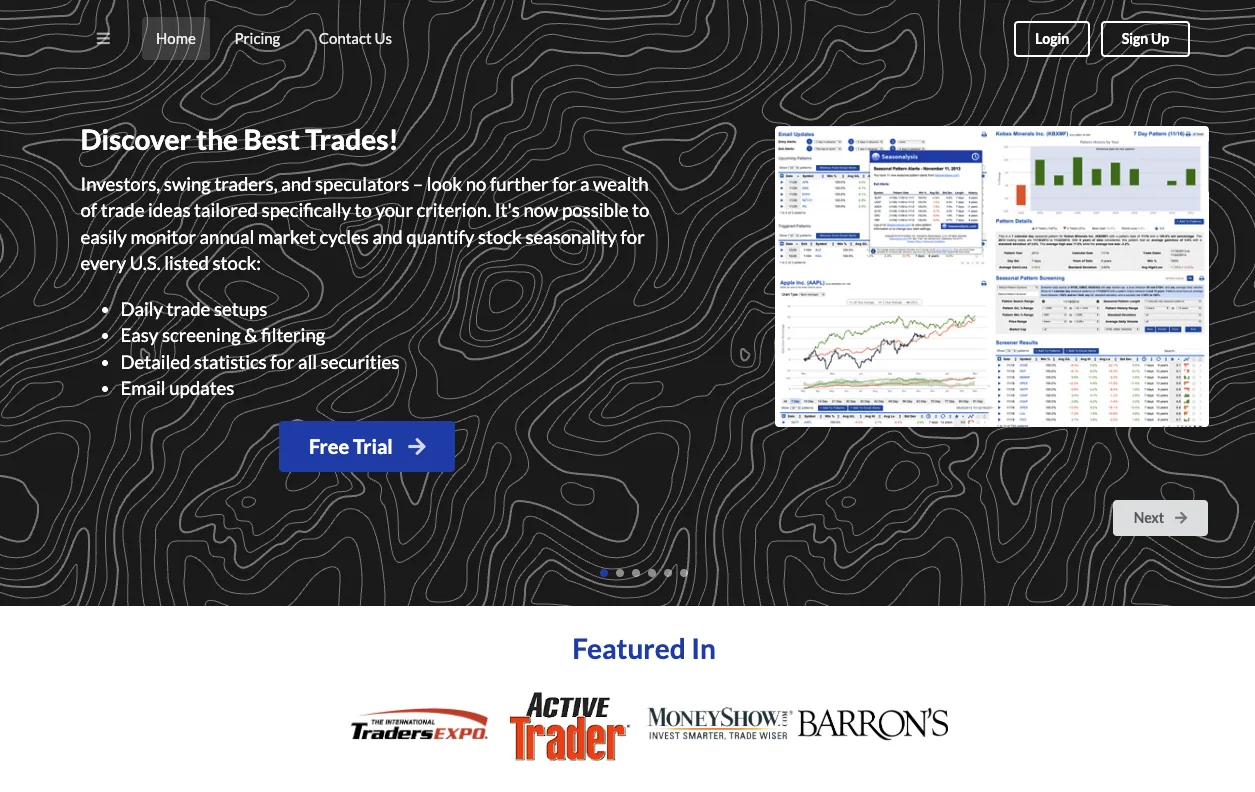 Archived Seasonalysis.com landing page with a contour-line background, product screenshots, a free trial button, and featured-in logos.