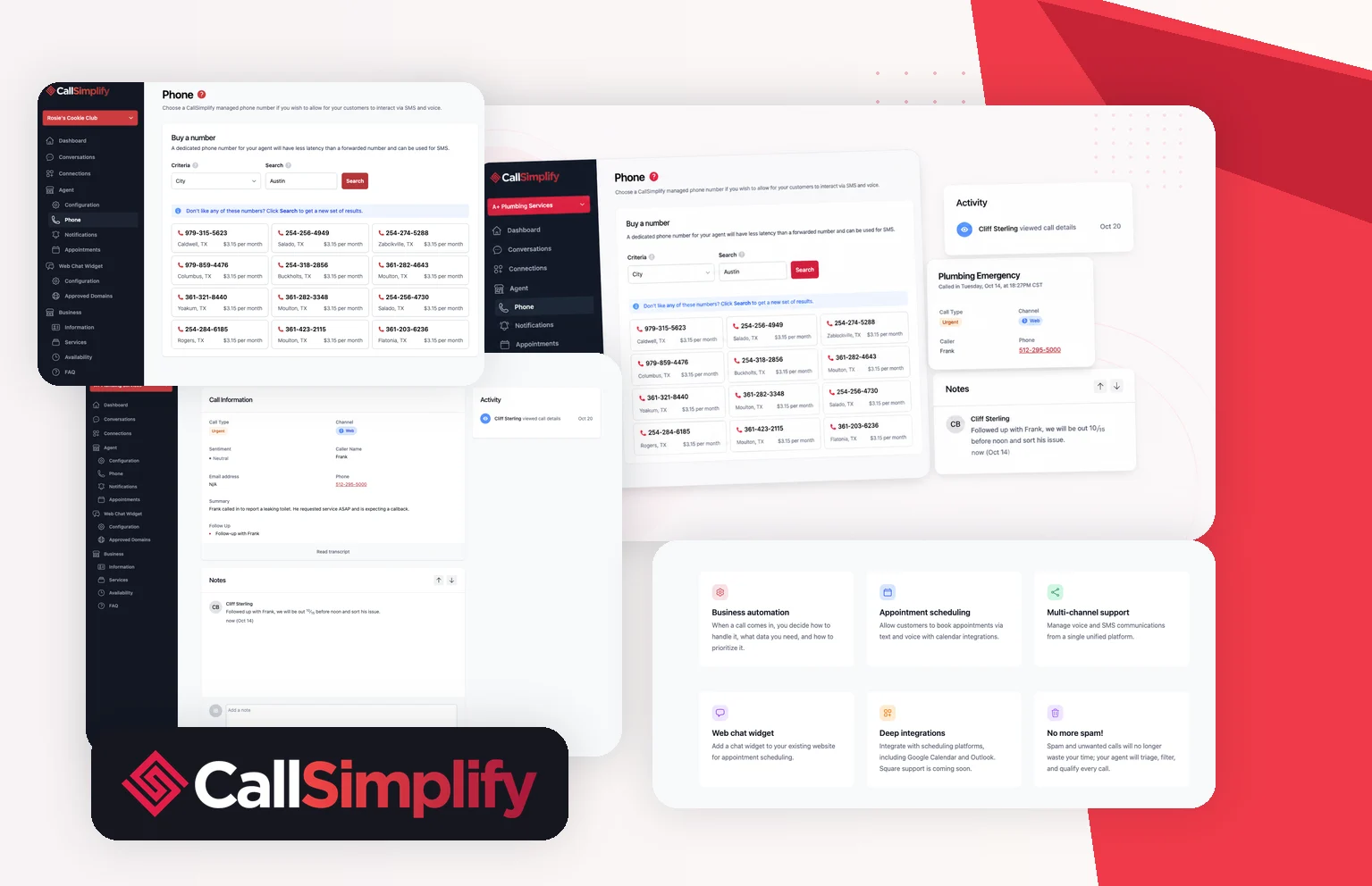CallSimplify product collage showing phone setup, call details, feature cards, and brand lockup.