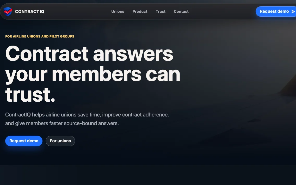 ContractIQ homepage hero with the headline Contract answers your members can trust.