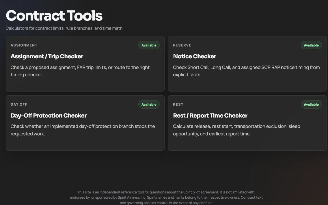ContractIQ tools screen showing assignment, notice, day-off, and rest/report time checkers.