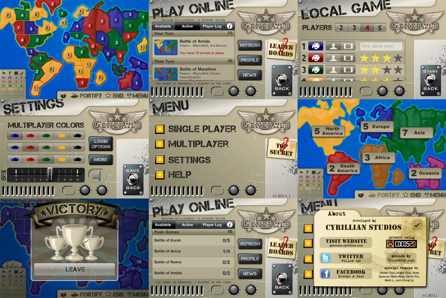 Generals game screens showing maps, menus, gameplay, online play, and strategy states.