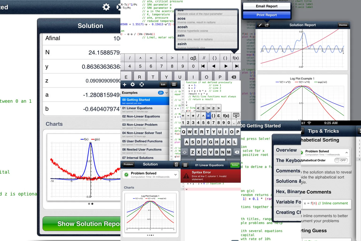 QED Solver product screens showing solution tables, charts, custom keyboard input, tips, and report views.